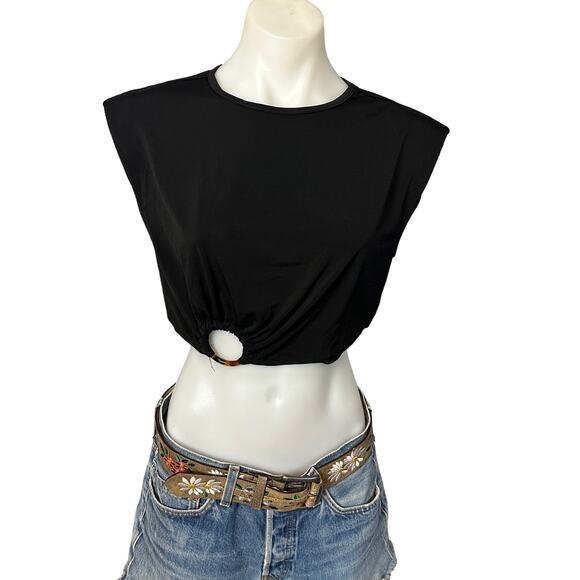 Hansen + Gretel  Black Crop Top Medium Padded Shoulder Jersey Festival $128 NEW - Picture 7 of 9